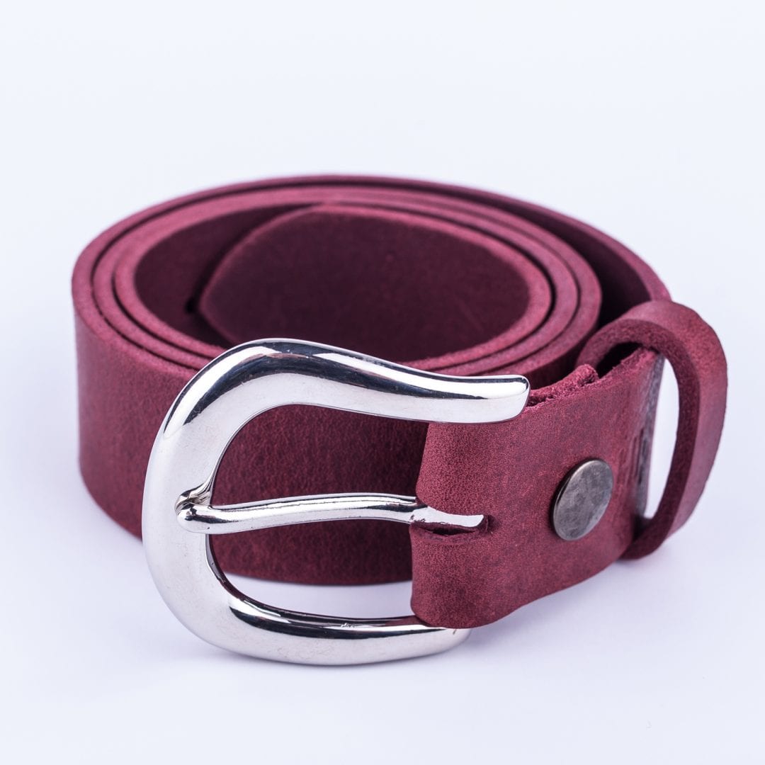 Womens burgundy leather jeans belt with chrome buckle Hip & Waisted