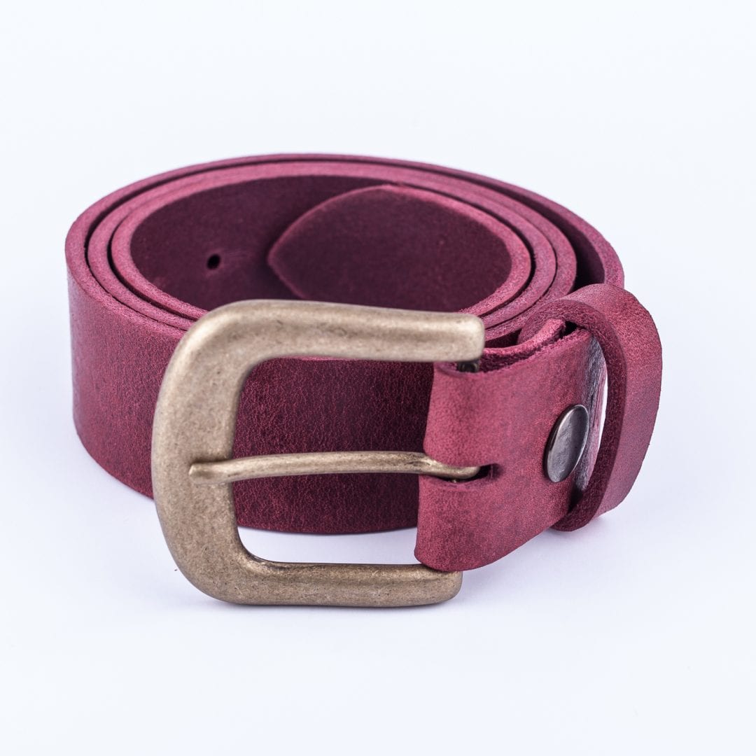 Womens burgundy leather jeans belt with brushed brass buckle Hip