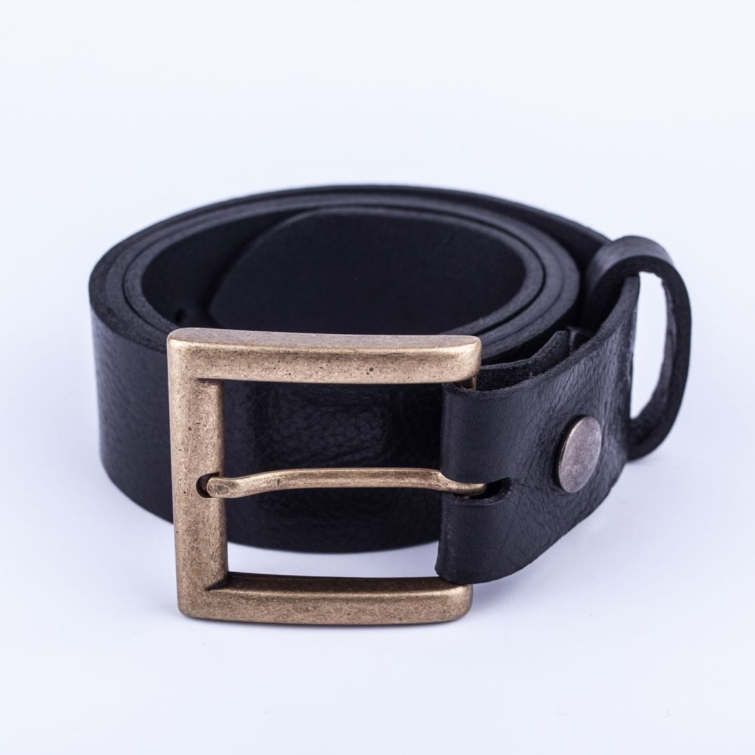 Mens black leather jeans belt with brushed brass buckle Hip & Waisted