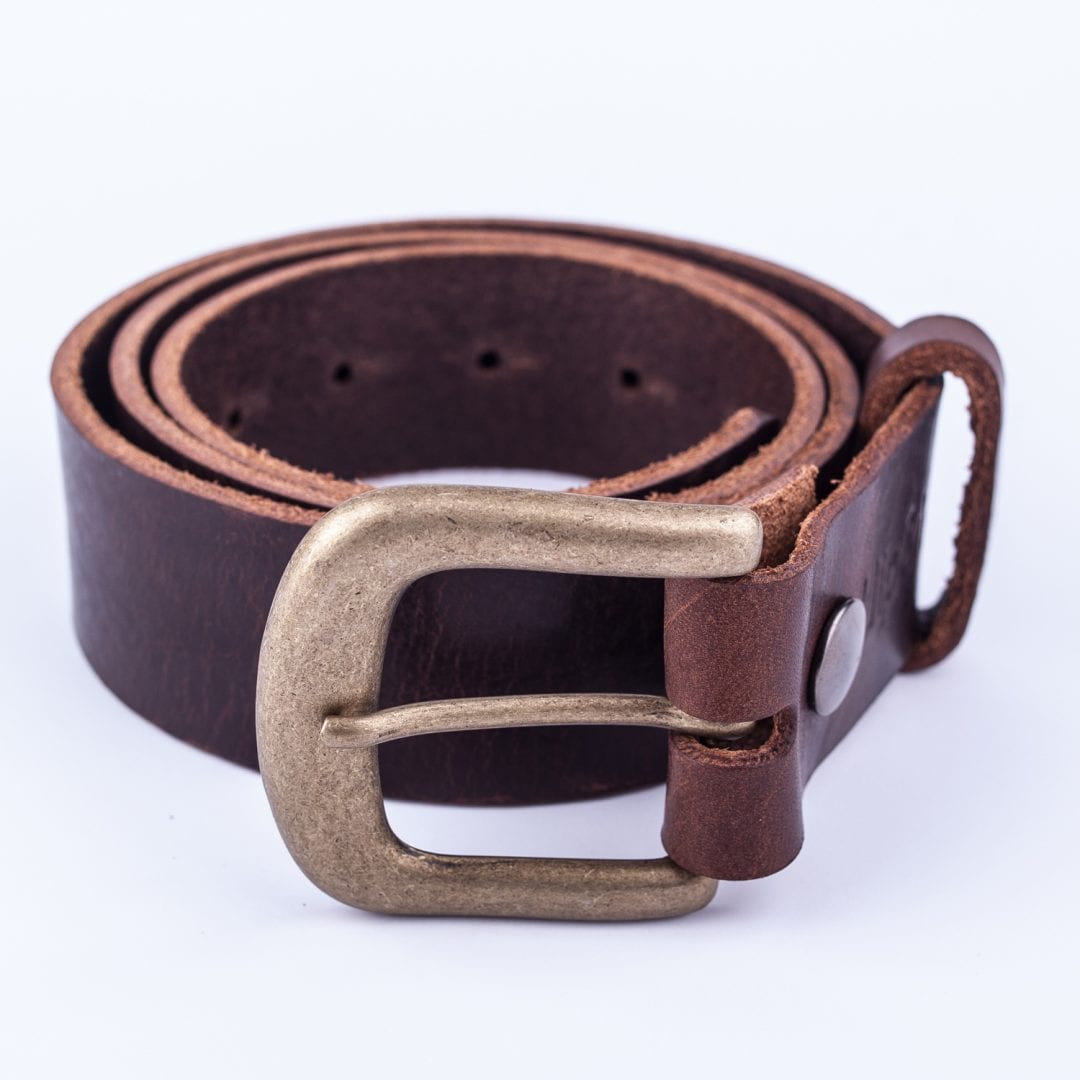 Womens dark brown leather jeans belt with brushed brass buckle - Hip & Waisted | Belts & Buckles