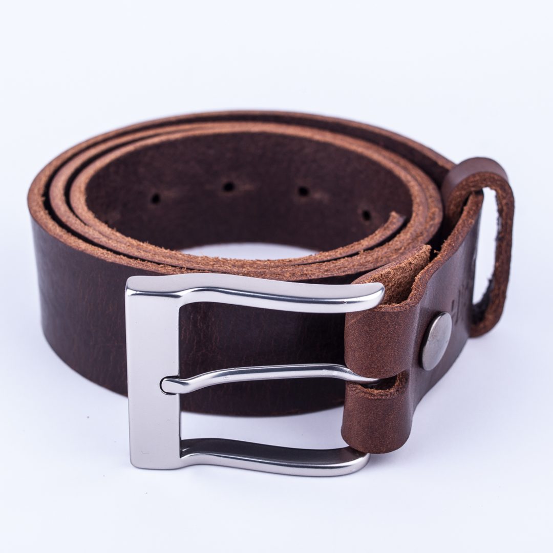 Mens dark brown leather jeans belt with brushed silver buckle Hip