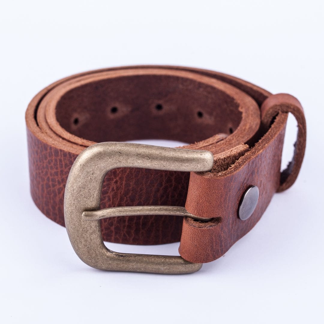 Mens mid brown leather jeans belt with brushed brass buckle Hip