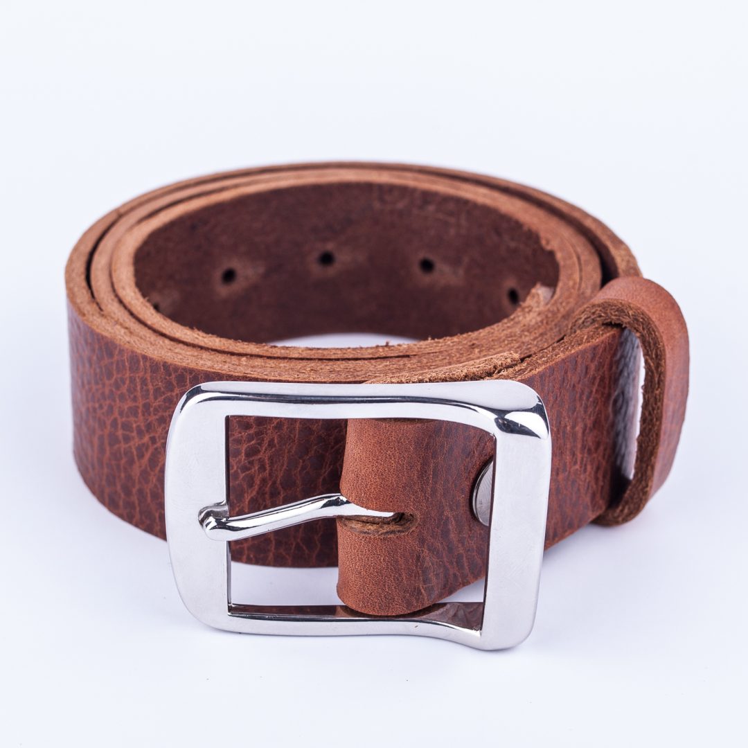 Mens mid brown leather jeans belt with chrome buckle - Hip & Waisted | Belts & Buckles