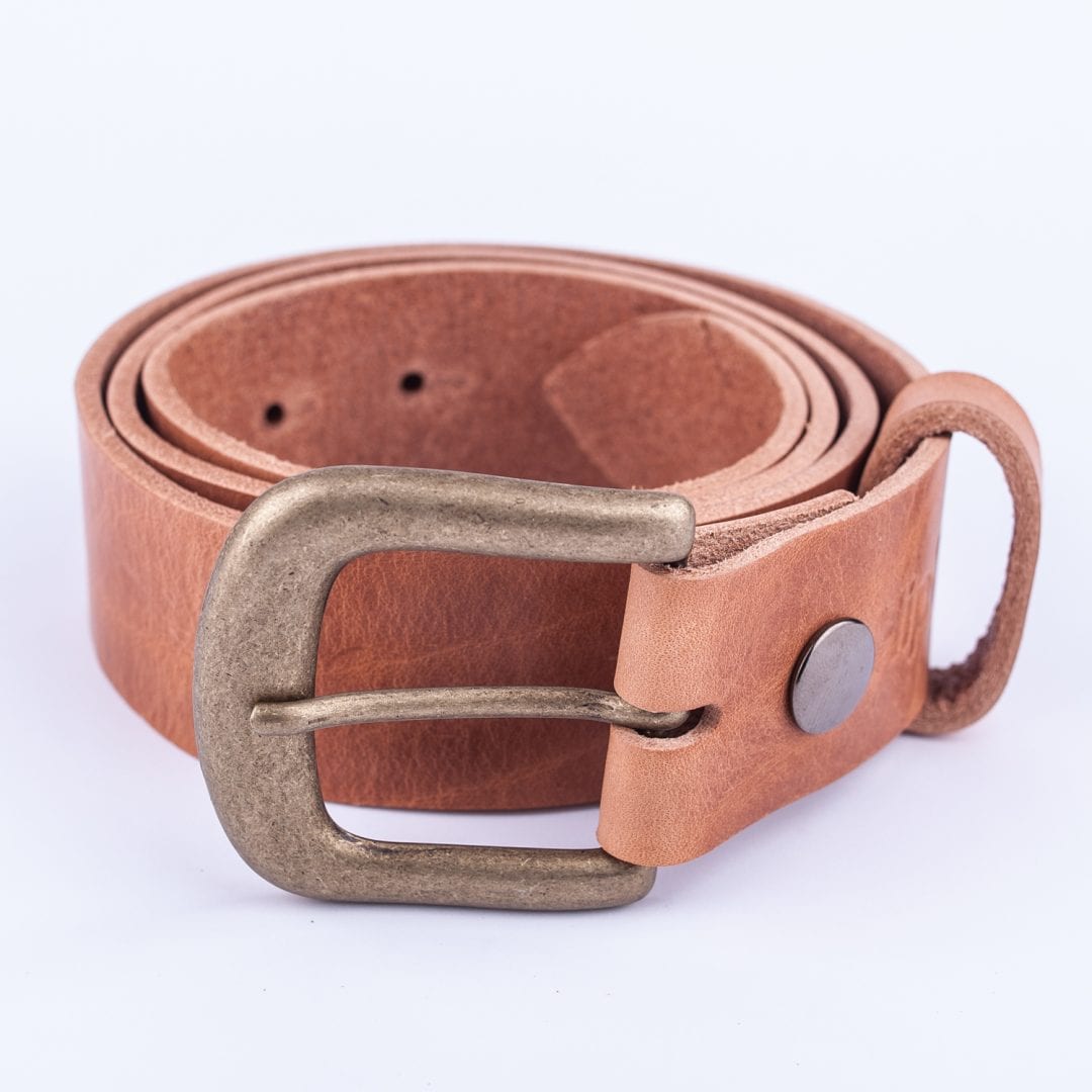 Mens tan leather jeans belt with brushed brass buckle - Hip & Waisted ...