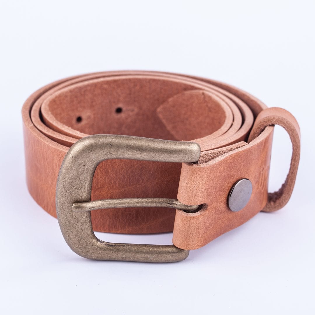 Mens tan leather jeans belt with brushed brass buckle Hip & Waisted