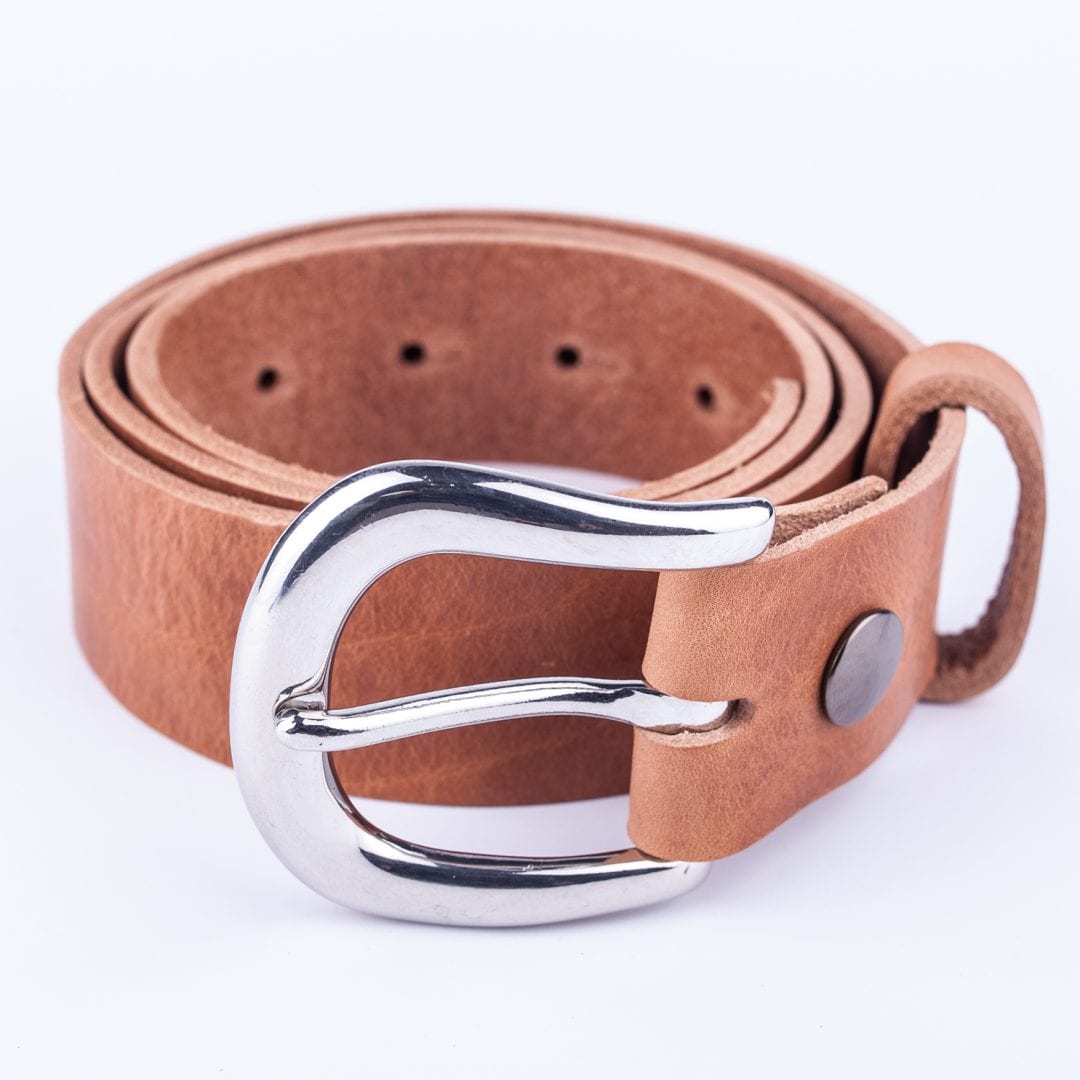 Womens tan leather jeans belt with chrome buckle Hip & Waisted
