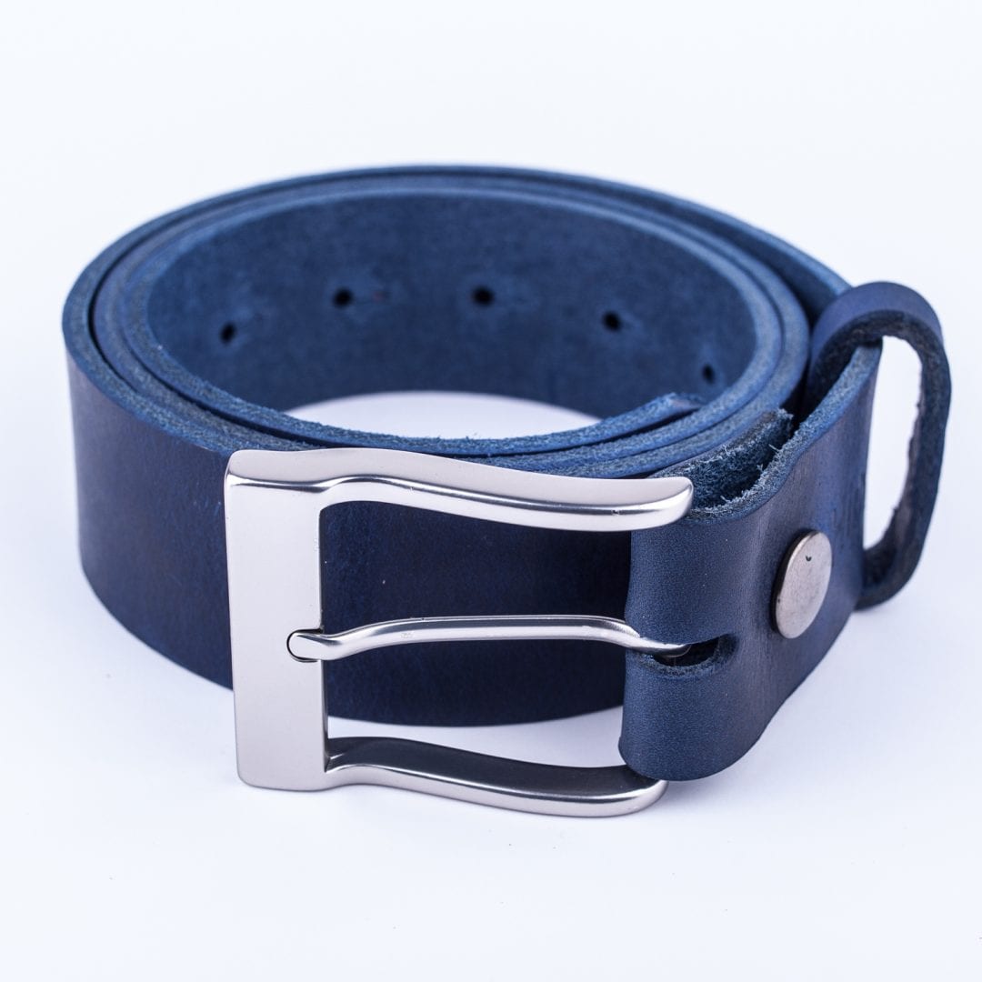 Mens blue leather jeans belt with brushed silver buckle Hip & Waisted