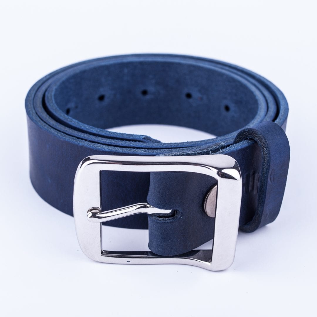 Mens blue leather jeans belt with chrome buckle - Hip & Waisted | Belts ...