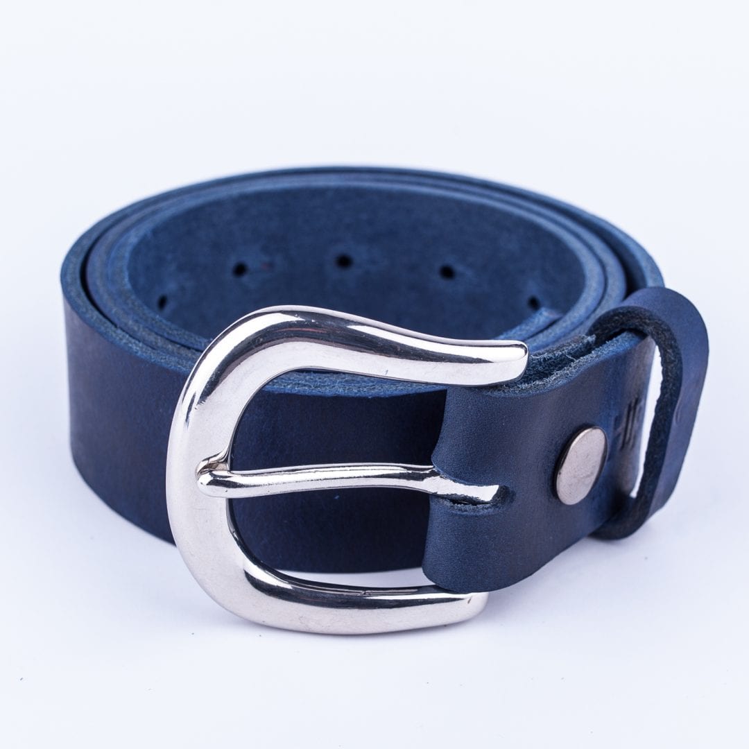 Womens blue leather jeans belt with chrome buckle - Hip & Waisted ...