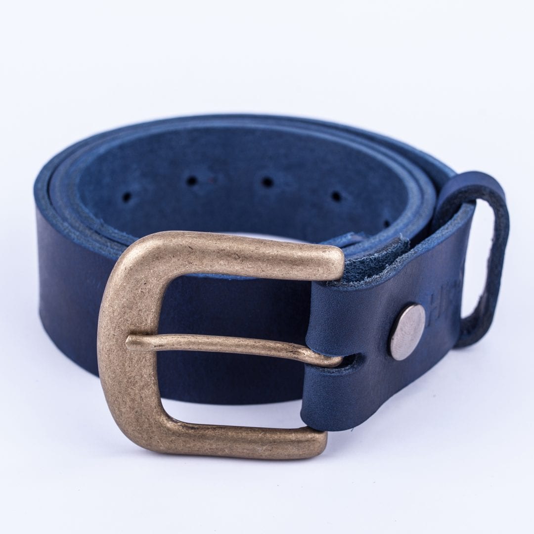 Womens blue leather jeans belt with brushed brass buckle Hip