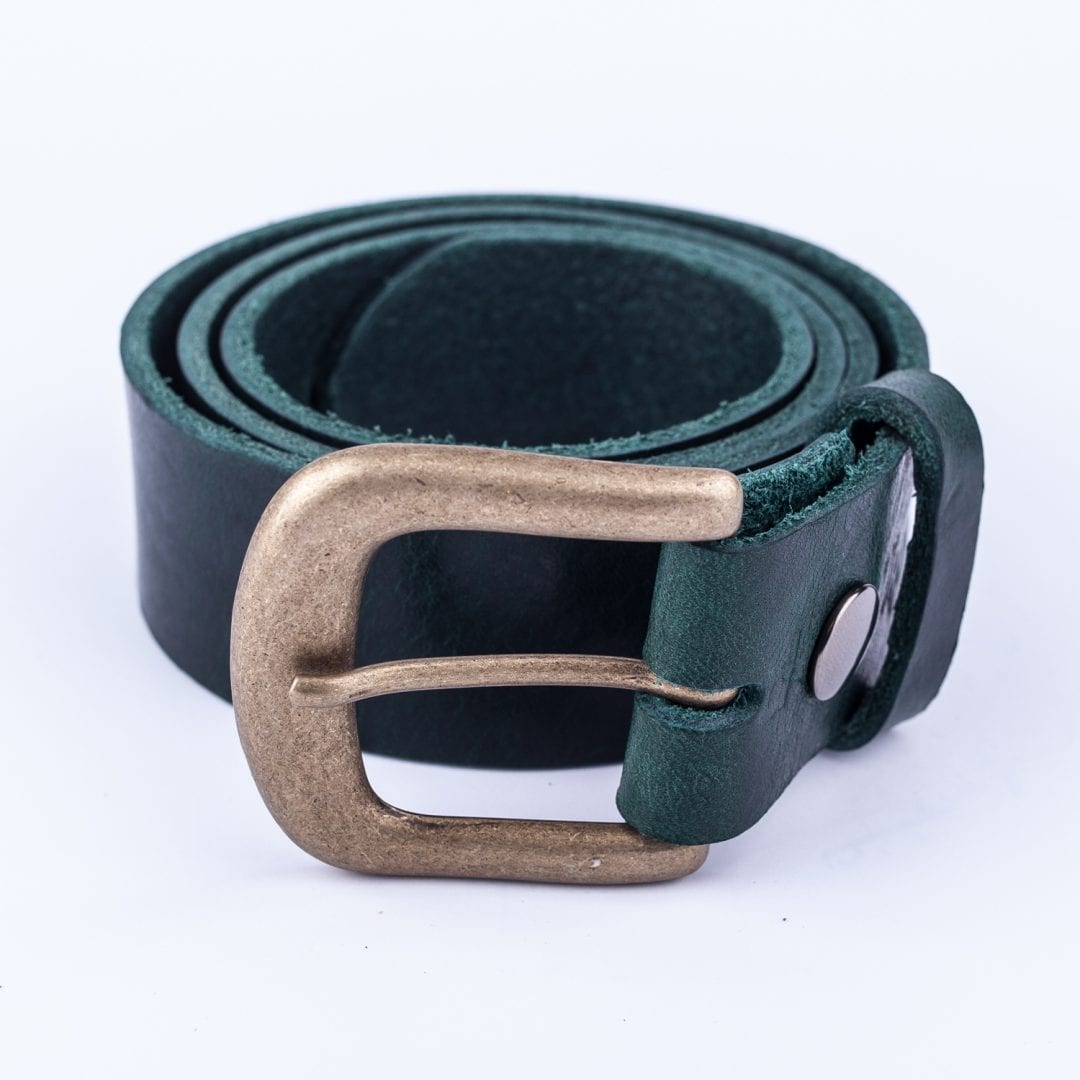 Womens green leather jeans belt with brushed brass buckle Hip