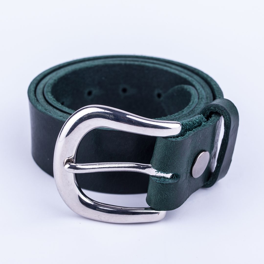 Womens green leather jeans belt with chrome buckle Hip & Waisted