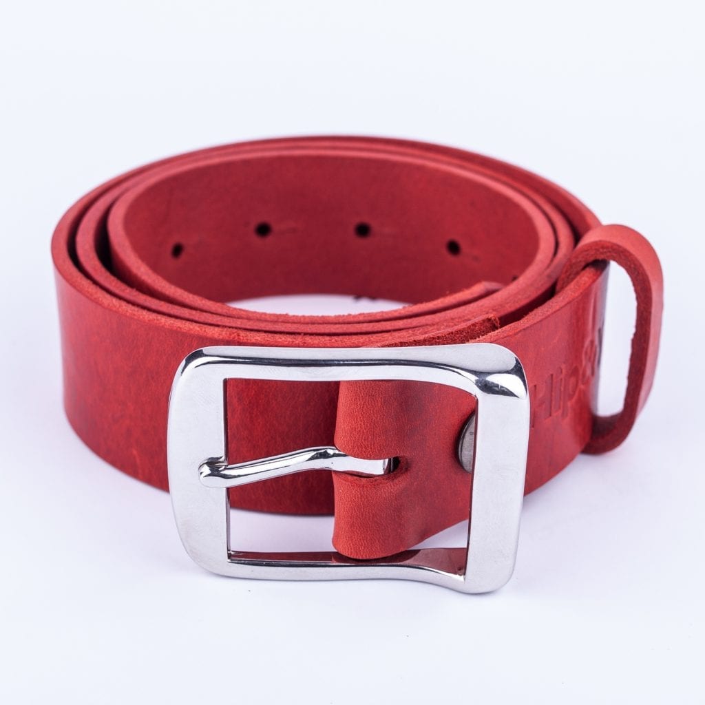 Mens red leather jeans belt with chrome buckle - Hip & Waisted | Belts ...