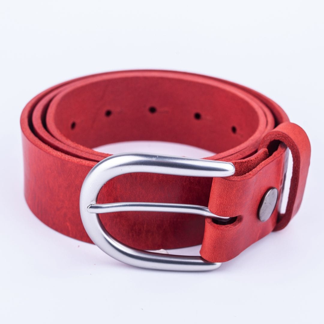 Womens red leather jeans belt with brushed silver buckle - Hip ...