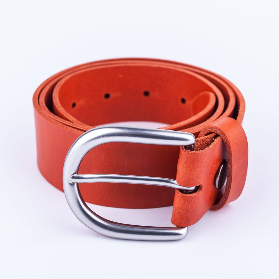 Womens orange leather jeans belt with brushed silver buckle - Hip ...
