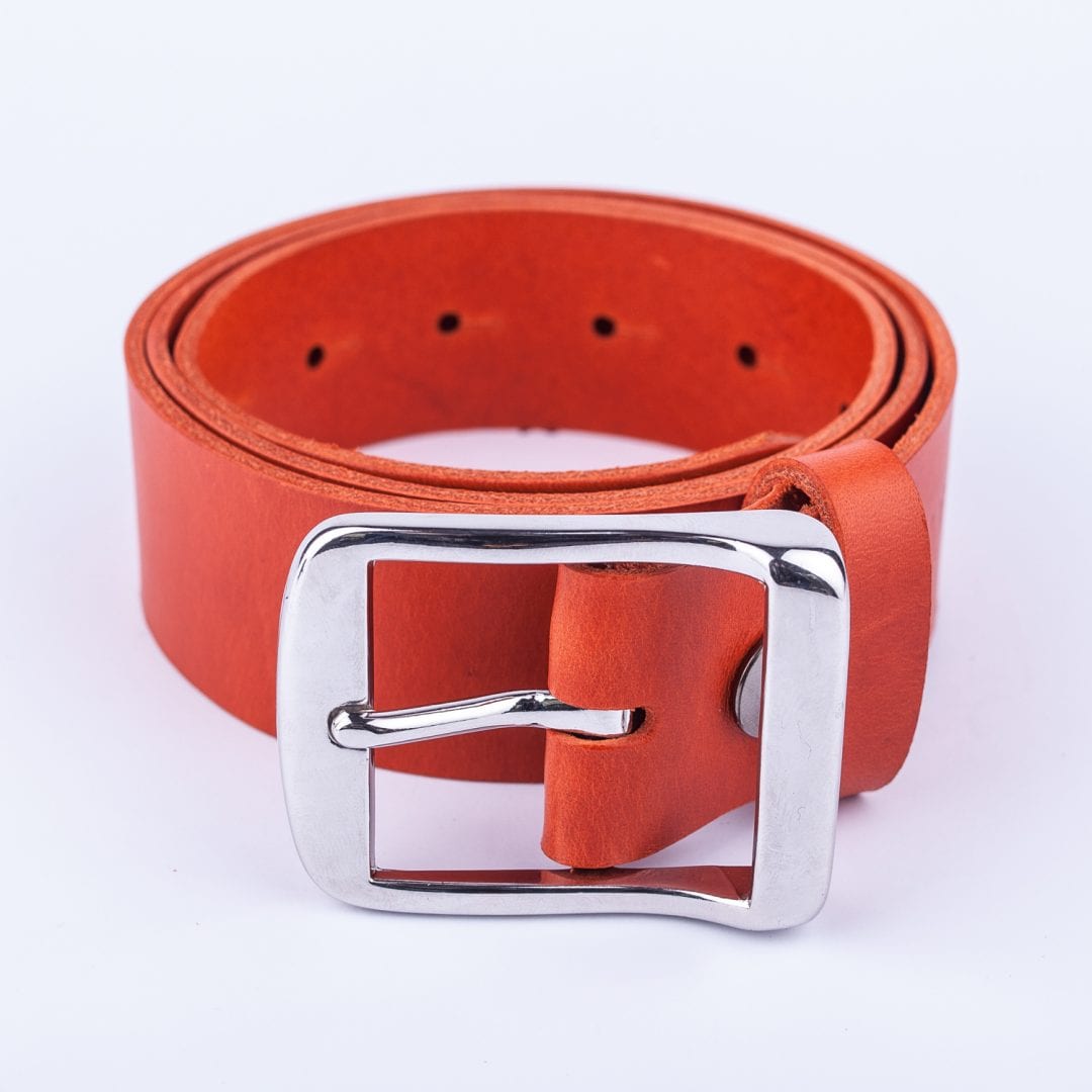 Mens orange leather jeans belt with chrome buckle - Hip & Waisted ...