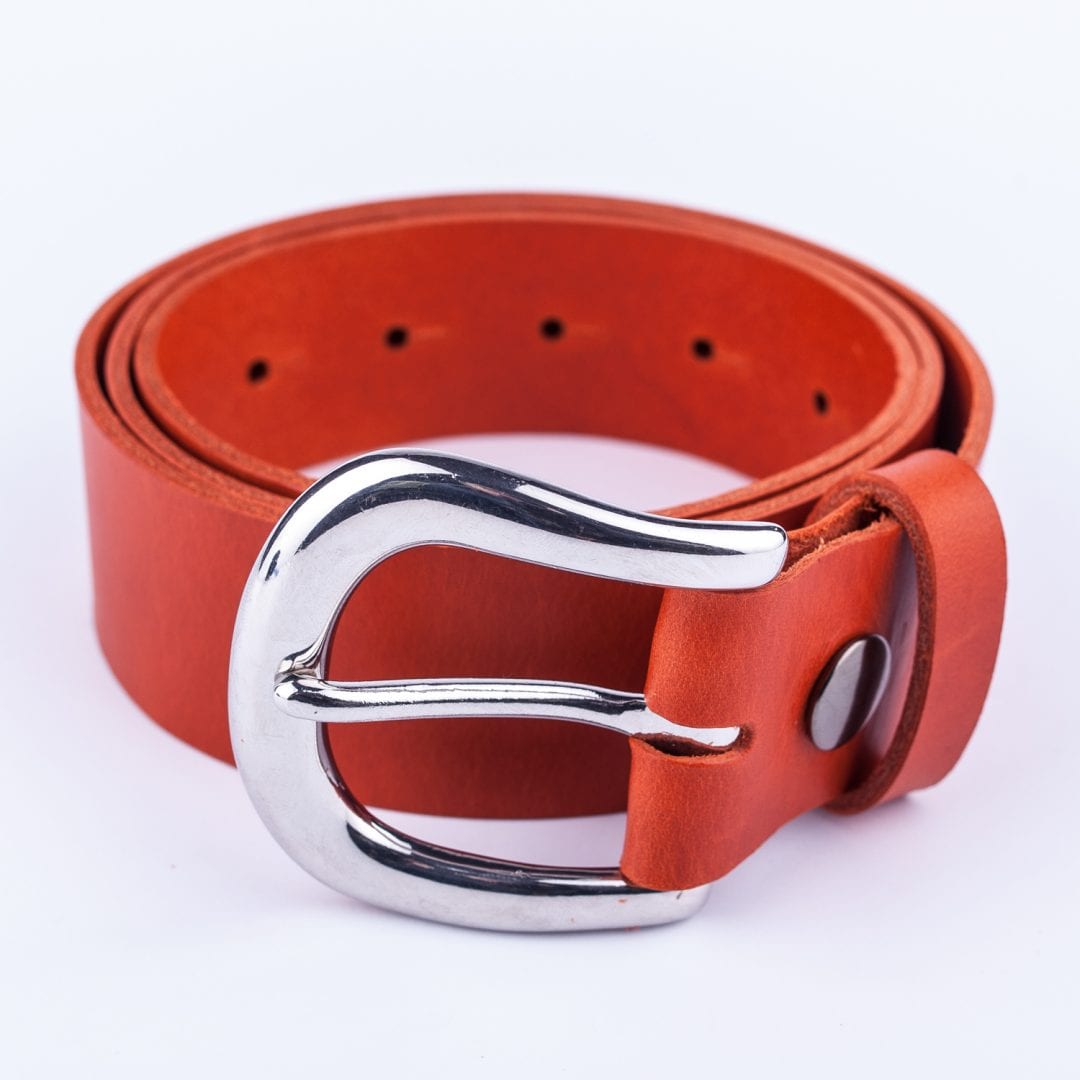 Womens orange leather jeans belt with chrome buckle - Hip & Waisted ...