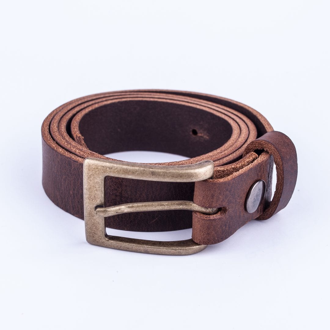 Mens dark brown leather dress belt with brushed brass buckle Hip