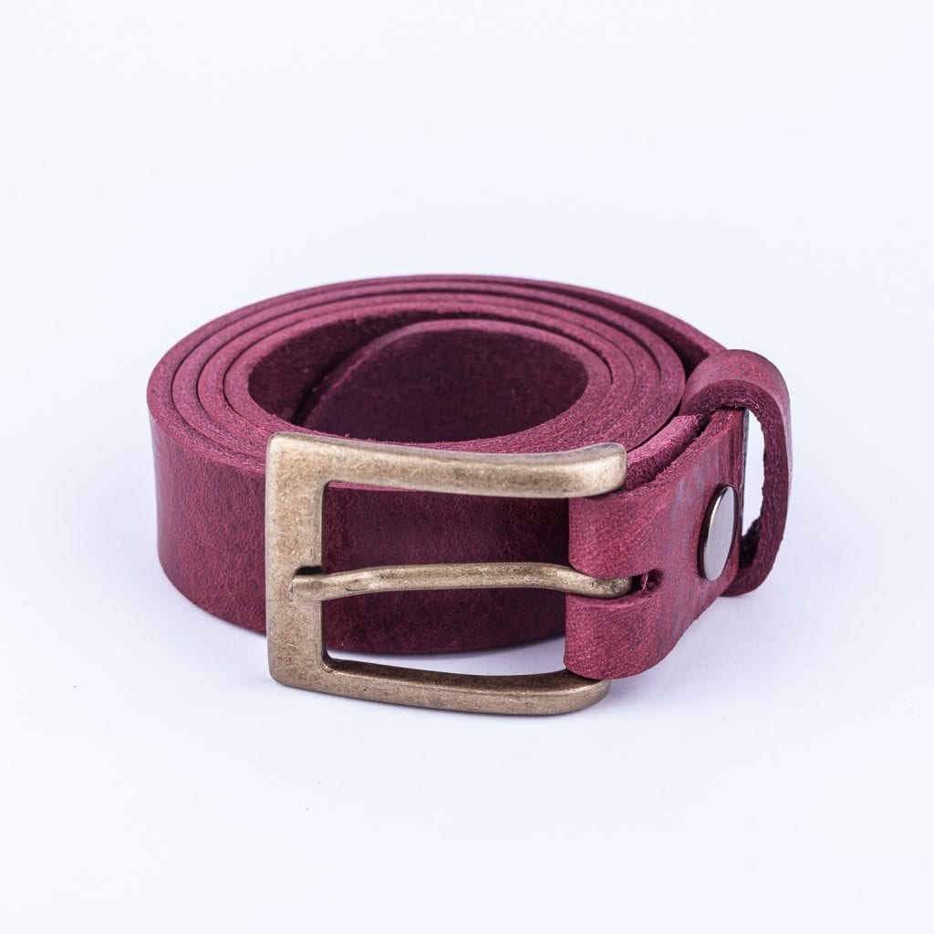 Mens burgundy leather dress belt with brushed brass buckle - Hip & Waisted | Belts & Buckles