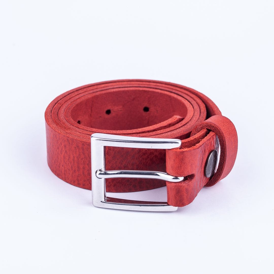 Mens red leather dress belt with chrome buckle - Hip & Waisted | Belts ...