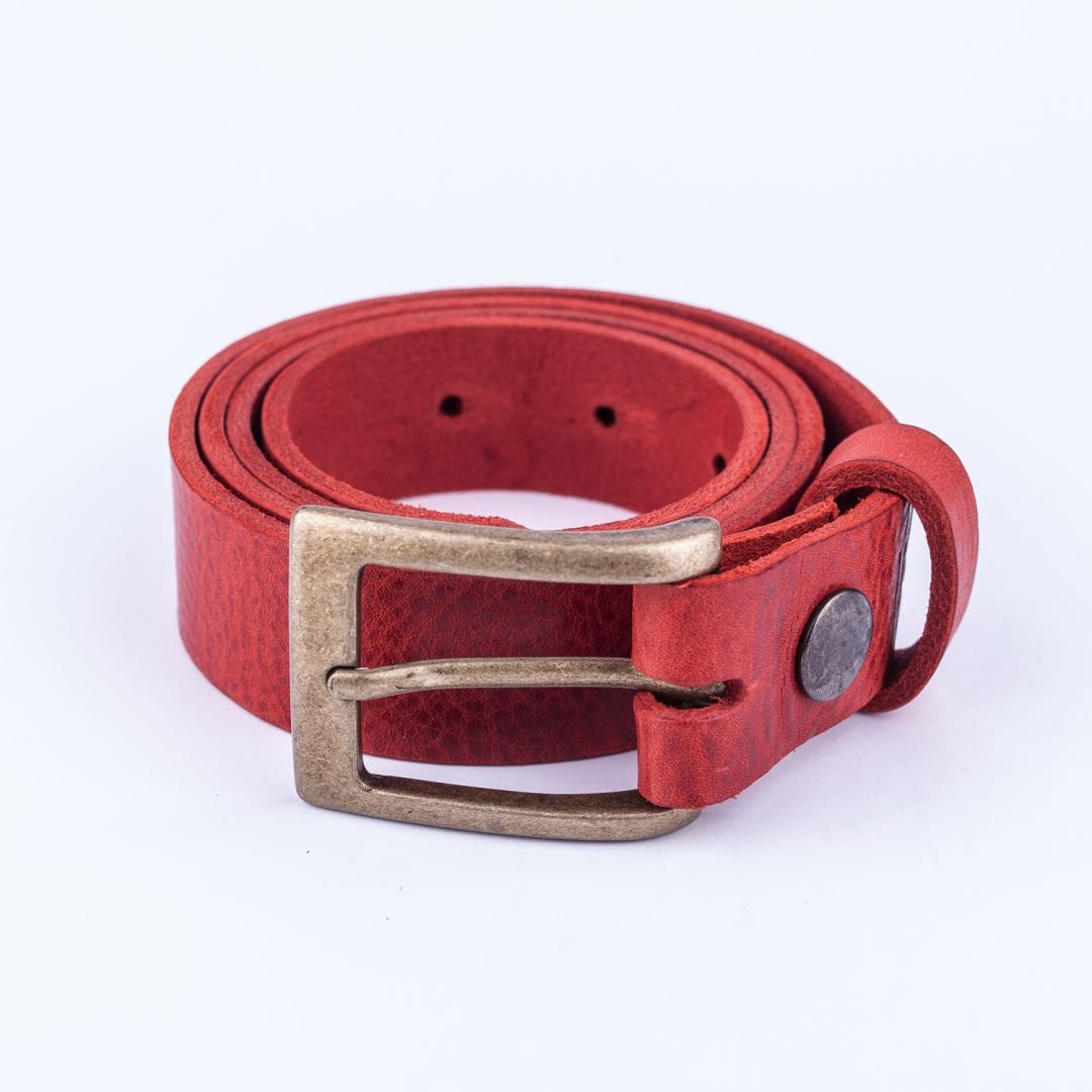 Mens red leather dress belt with brushed brass buckle - Hip & Waisted ...