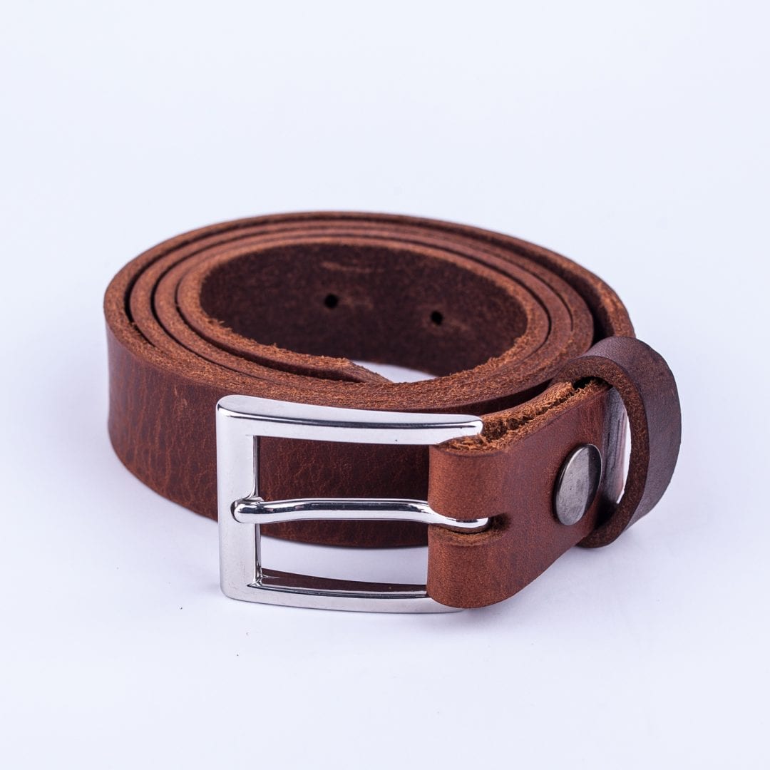 Mens mid brown leather dress belt with chrome buckle Hip & Waisted