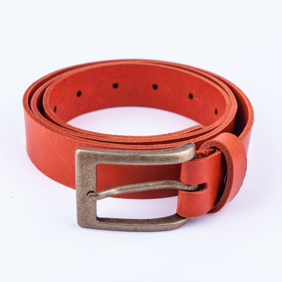 Mens orange leather dress belt with brushed brass buckle Hip