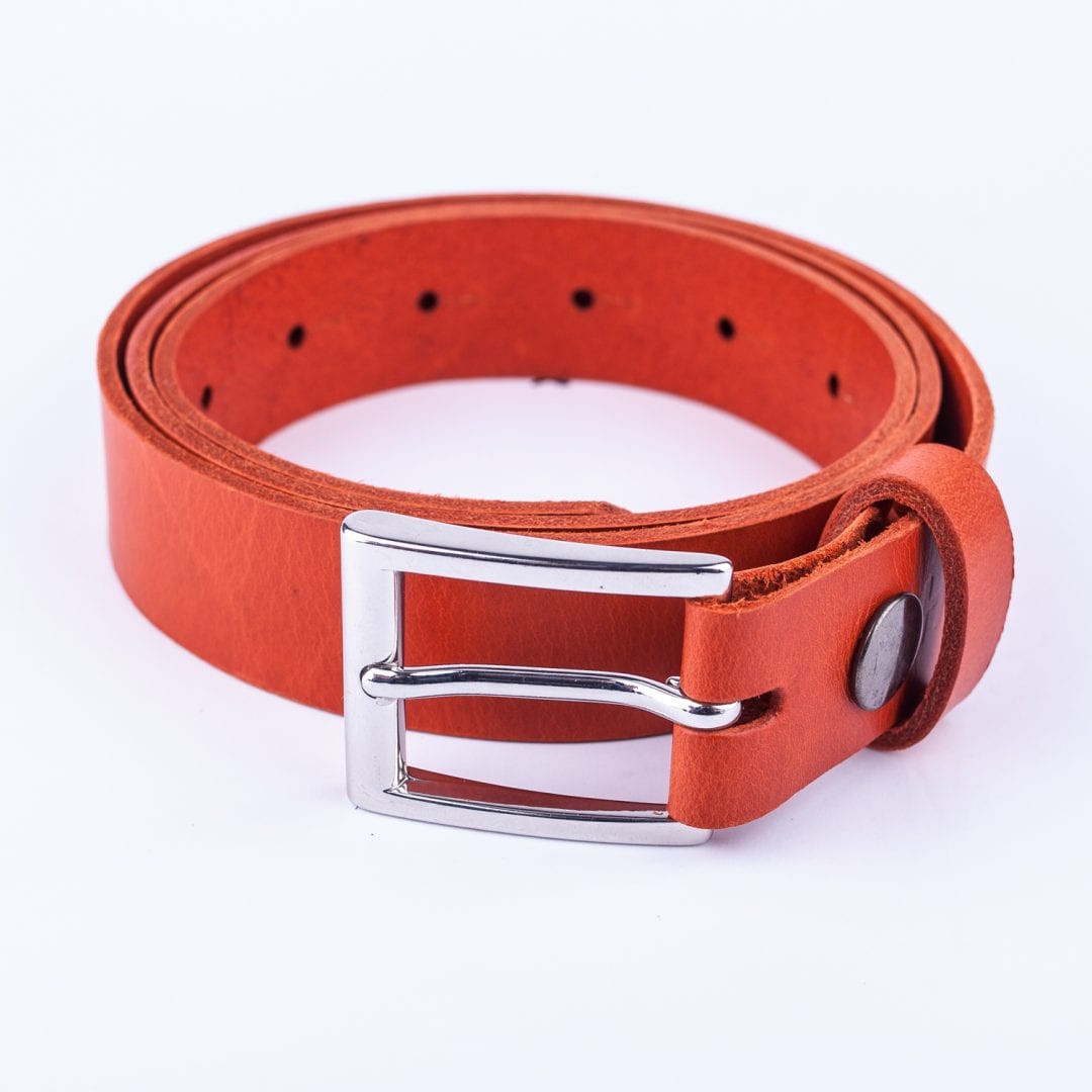 Womens orange leather dress belt with brushed silver buckle Hip