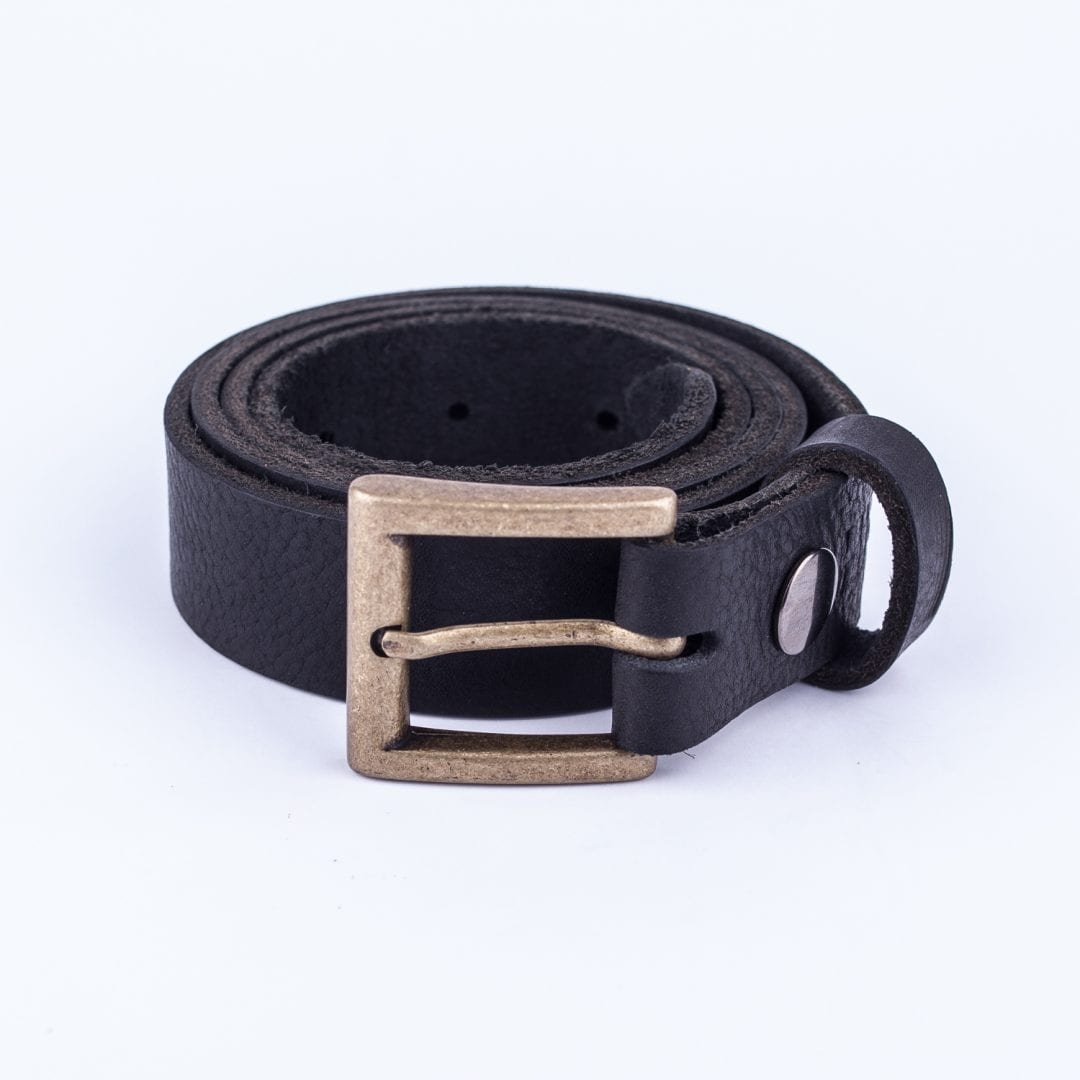Womens black leather dress belt with brushed brass buckle Hip