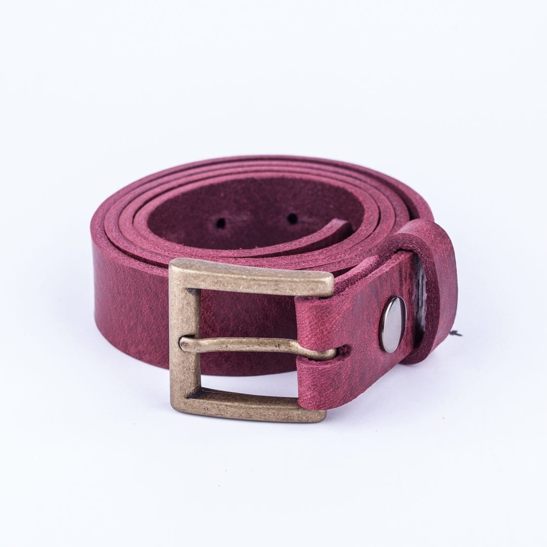 Womens burgundy leather dress belt with brushed brass buckle Hip