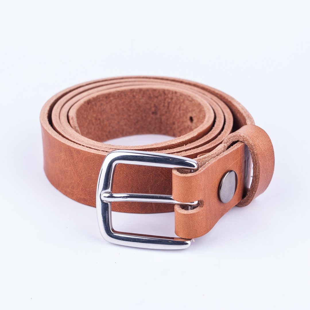 Womens tan leather dress belt with chrome buckle Hip & Waisted