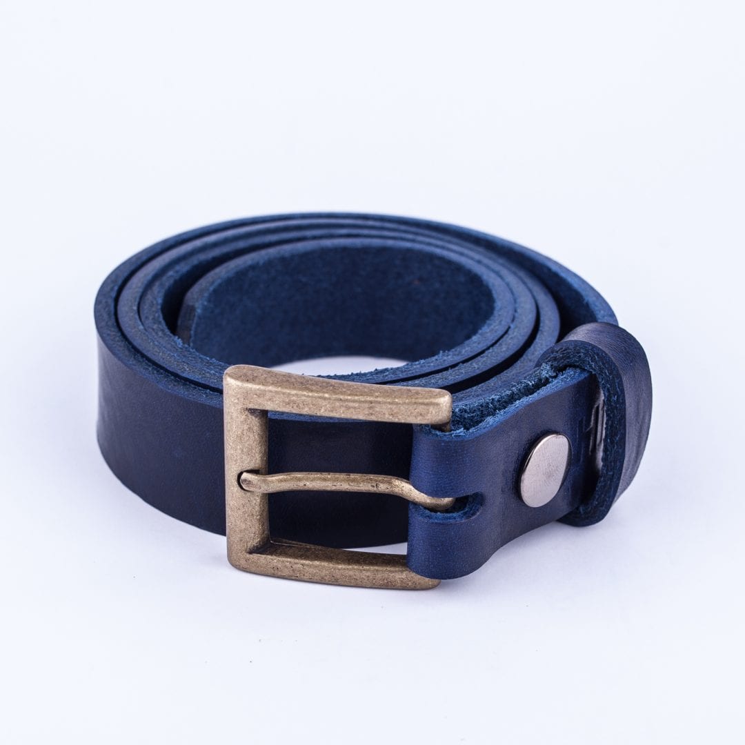 Womens blue leather dress belt with brushed brass buckle - Hip ...