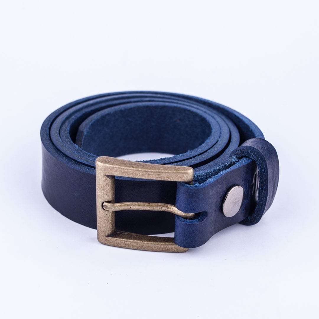 Womens blue leather dress belt with brushed brass buckle Hip