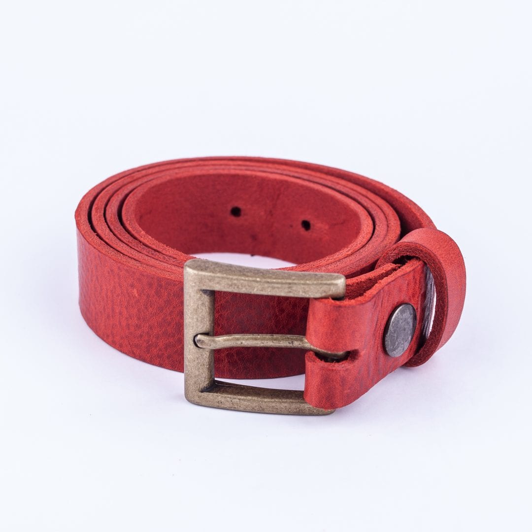 Womens red leather dress belt with brushed brass buckle Hip & Waisted