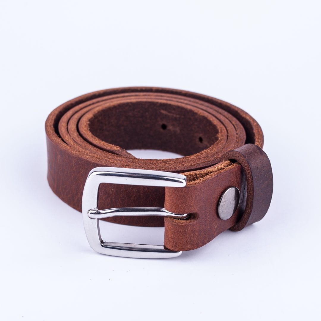 Womens mid brown leather dress belt with chrome buckle Hip & Waisted