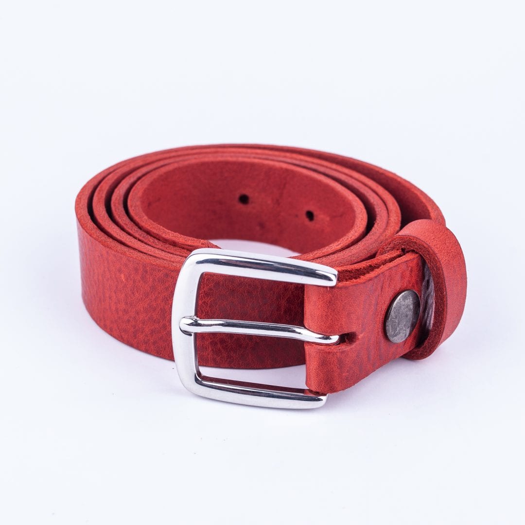 Womens red leather dress belt with chrome buckle Hip & Waisted