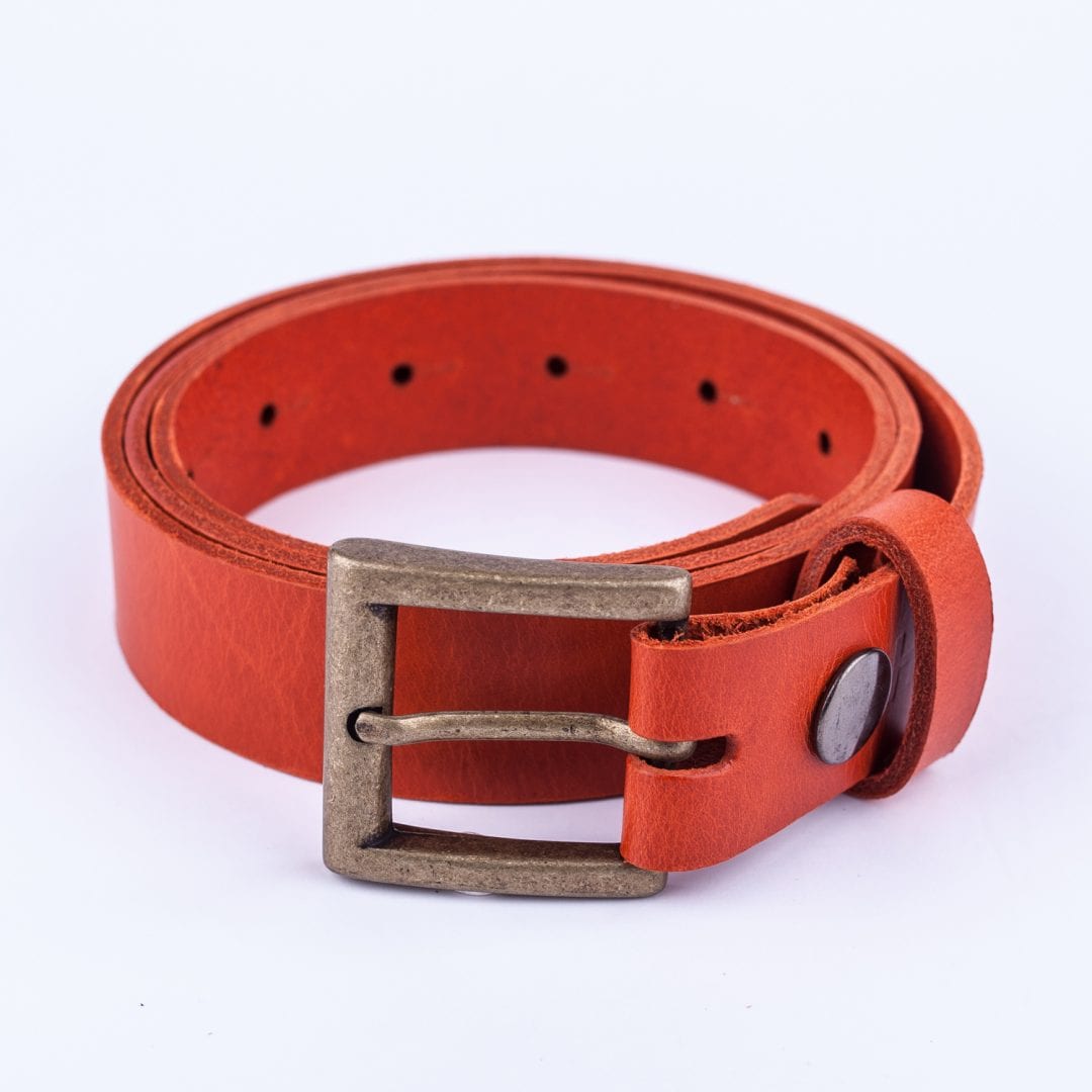 Womens orange leather dress belt with brushed brass buckle Hip
