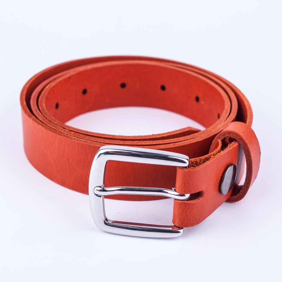 Womens orange leather dress belt with chrome buckle - Hip & Waisted ...