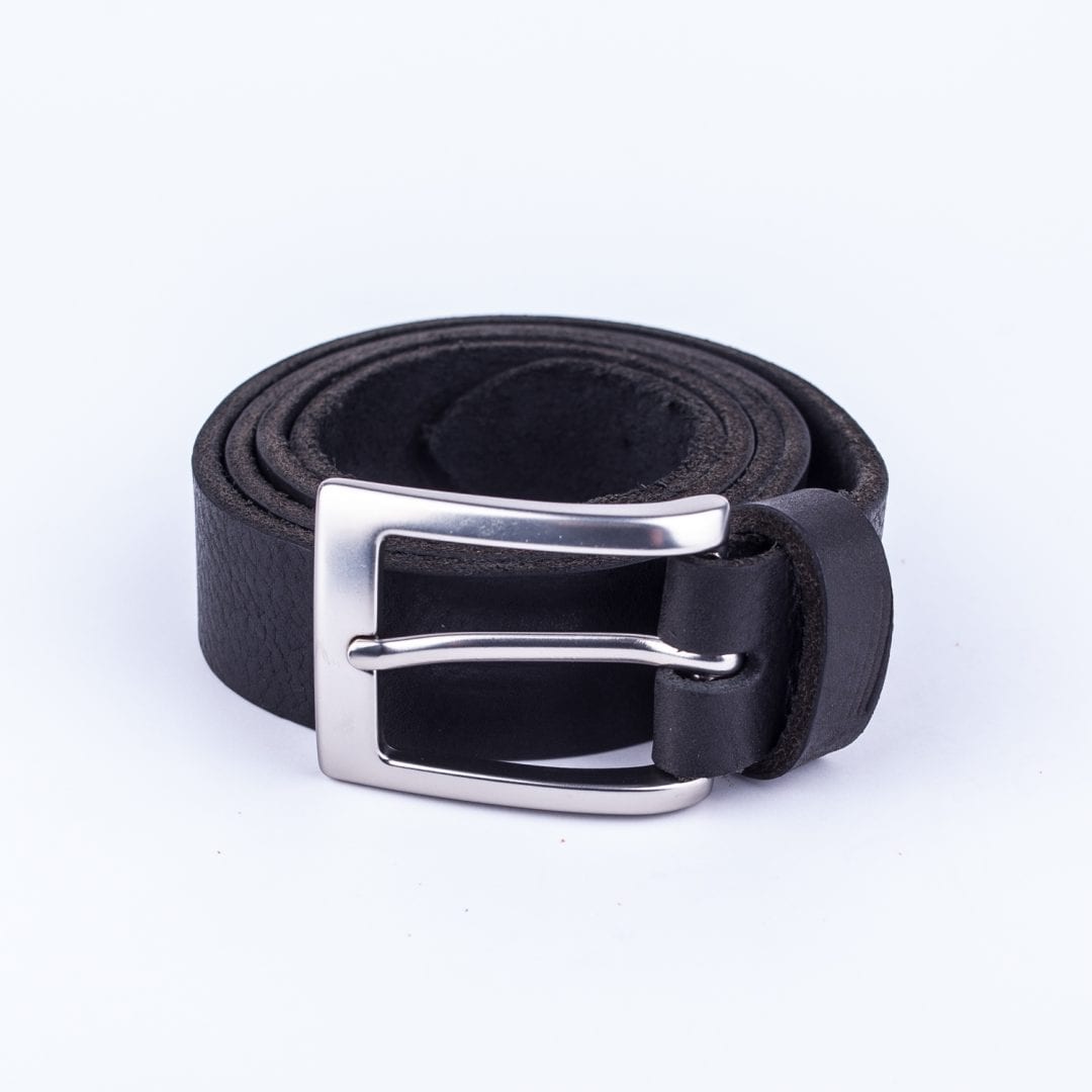 Mens black leather dress belt with brushed silver buckle - Hip ...
