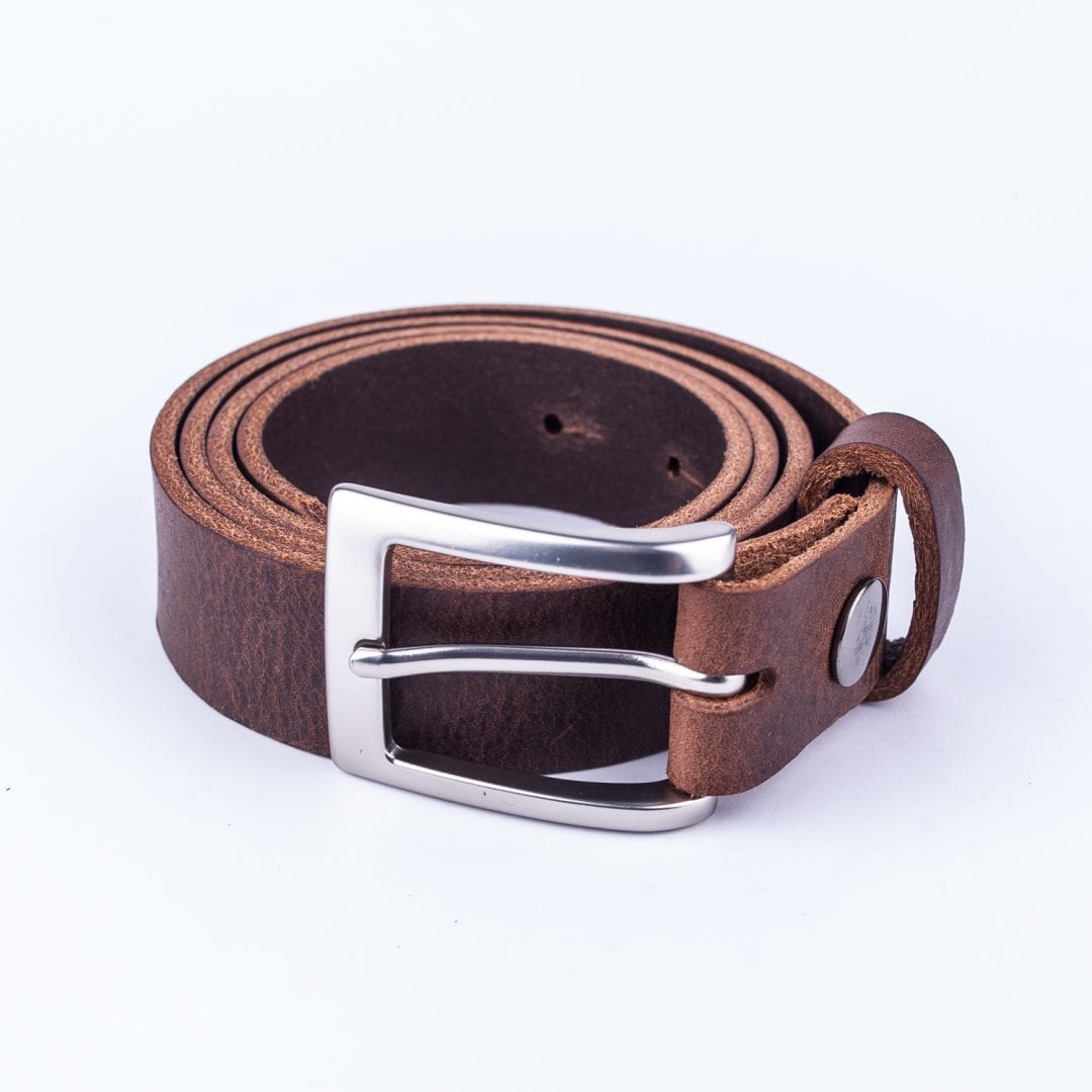 Mens dark brown leather dress belt with brushed silver buckle - Hip & Waisted | Belts & Buckles