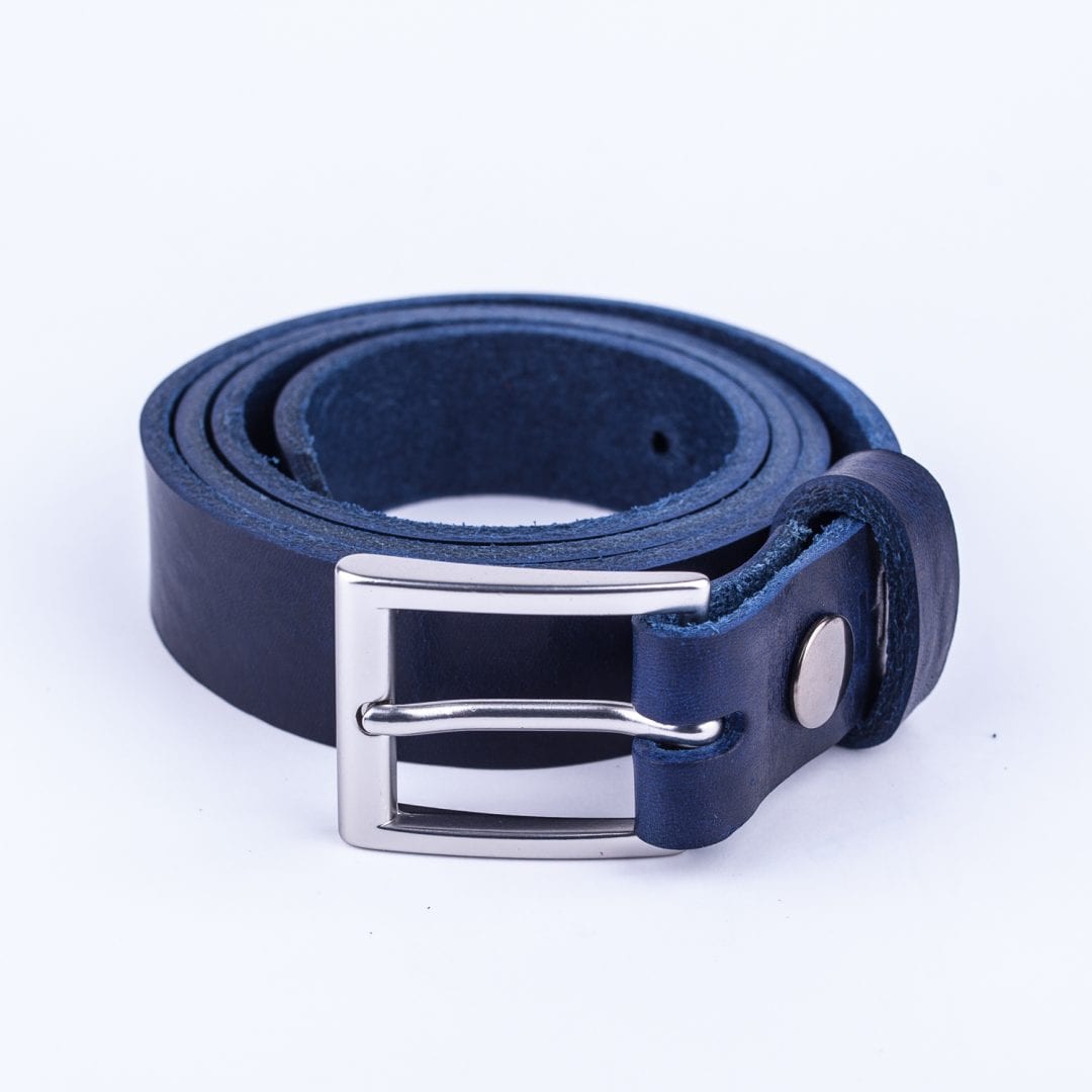 Womens blue leather dress belt with brushed silver buckle - Hip ...