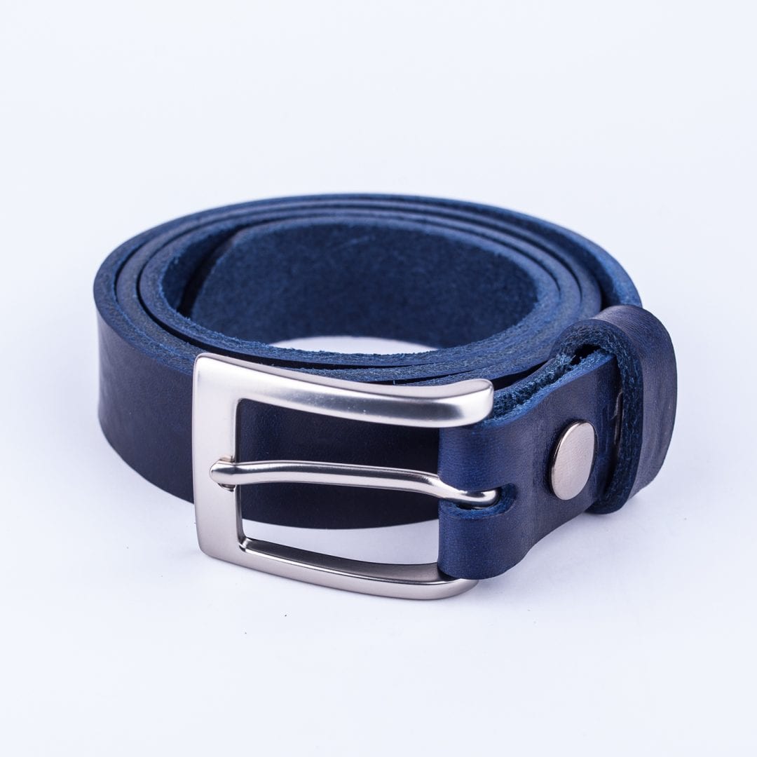 Mens blue leather dress belt with brushed silver buckle - Hip & Waisted ...