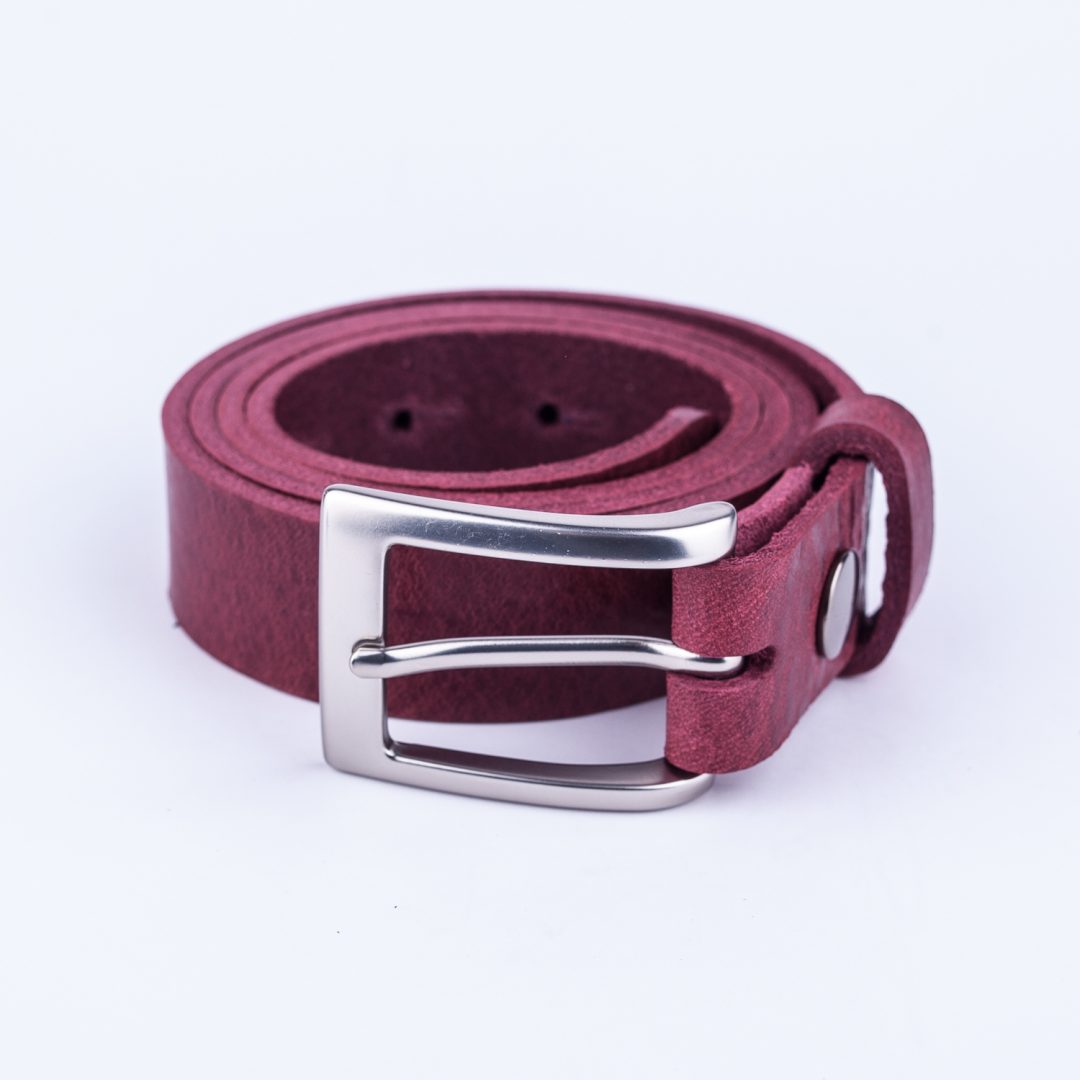 Mens burgundy leather dress belt with brushed silver buckle Hip