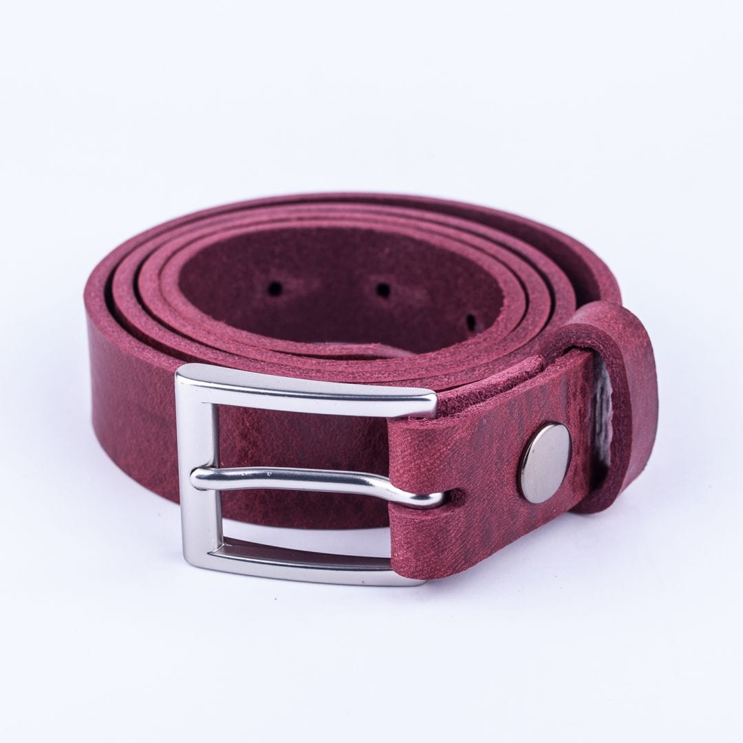 Womens burgundy leather dress belt with brushed silver buckle - Hip ...