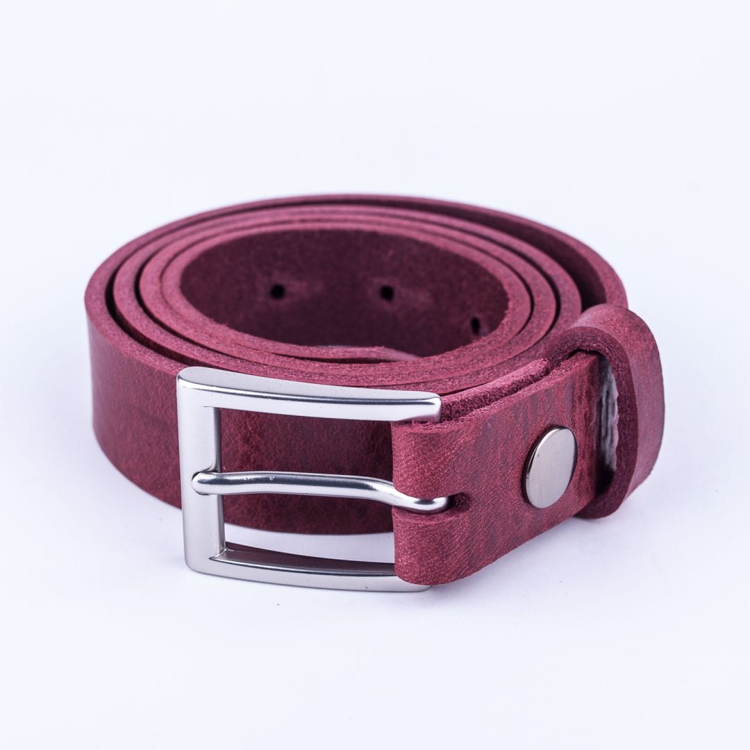 Womens burgundy leather dress belt with brushed silver buckle Hip