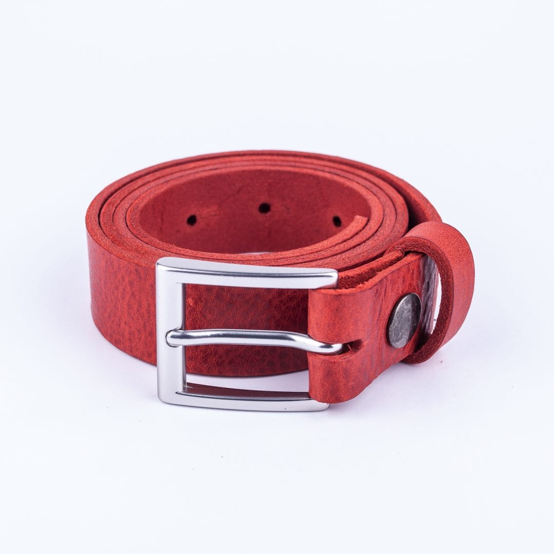 Womens red leather dress belt with brushed silver buckle - Hip ...