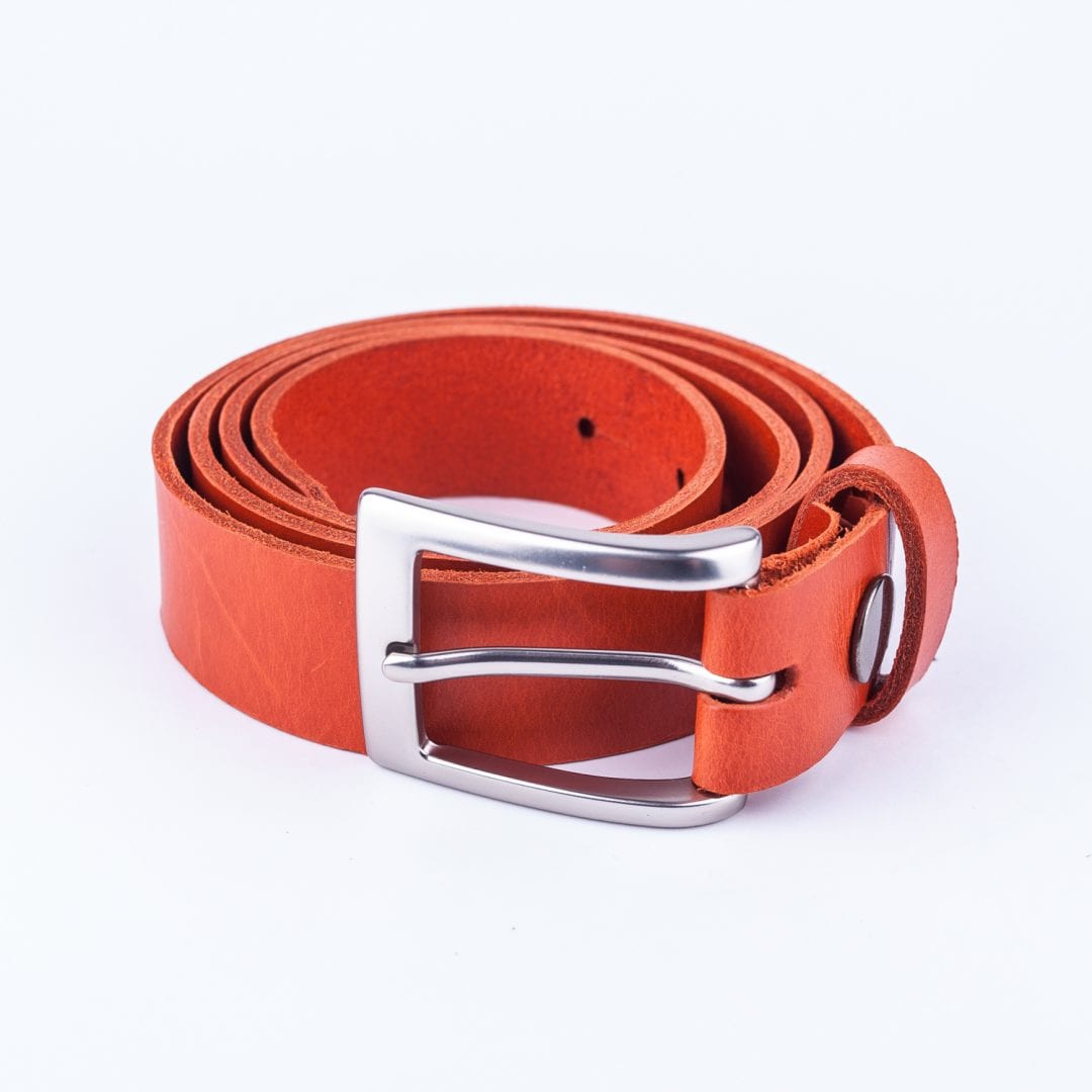Mens orange leather dress belt with brushed silver buckle - Hip ...
