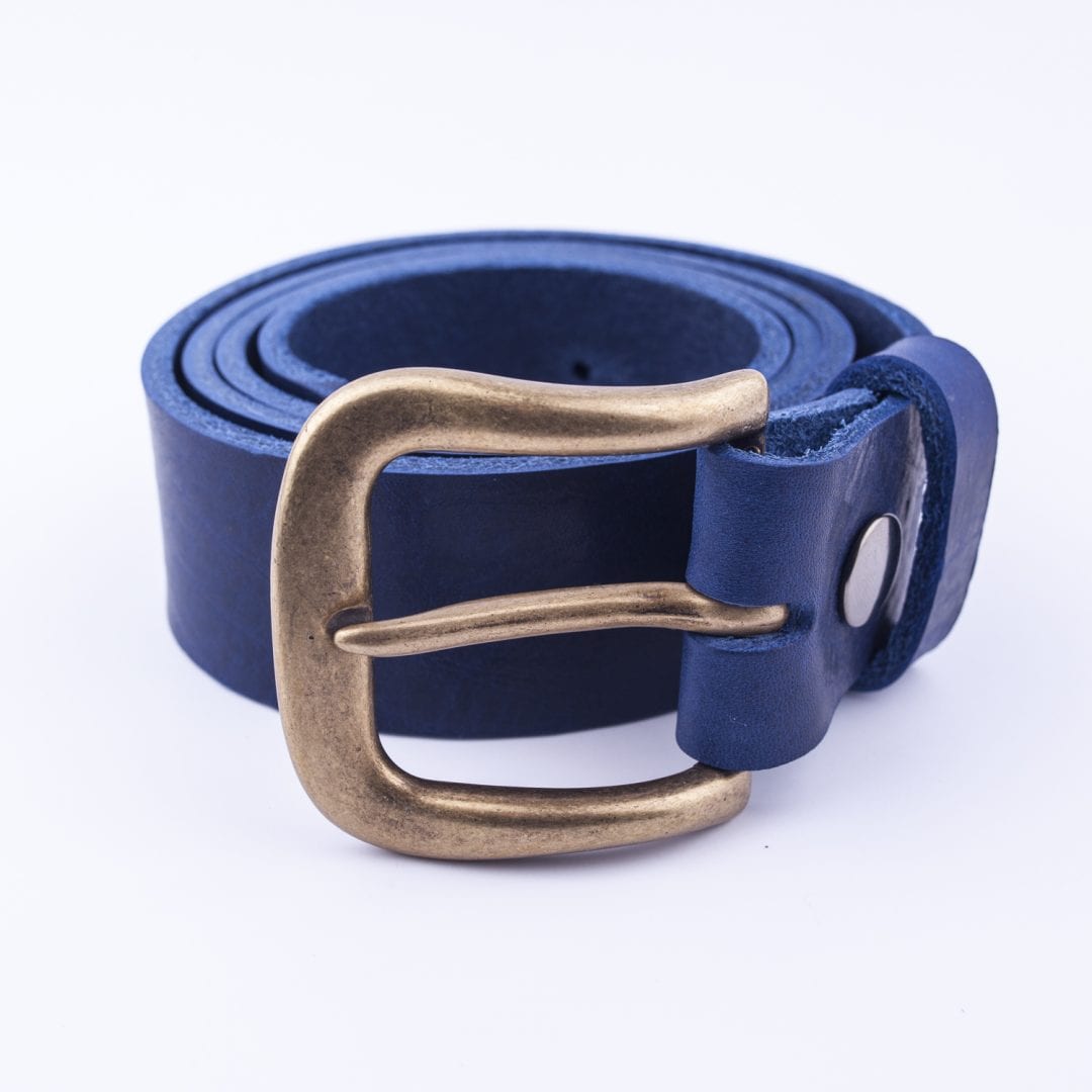 Mens blue leather jeans belt with brushed brass buckle - Hip & Waisted ...