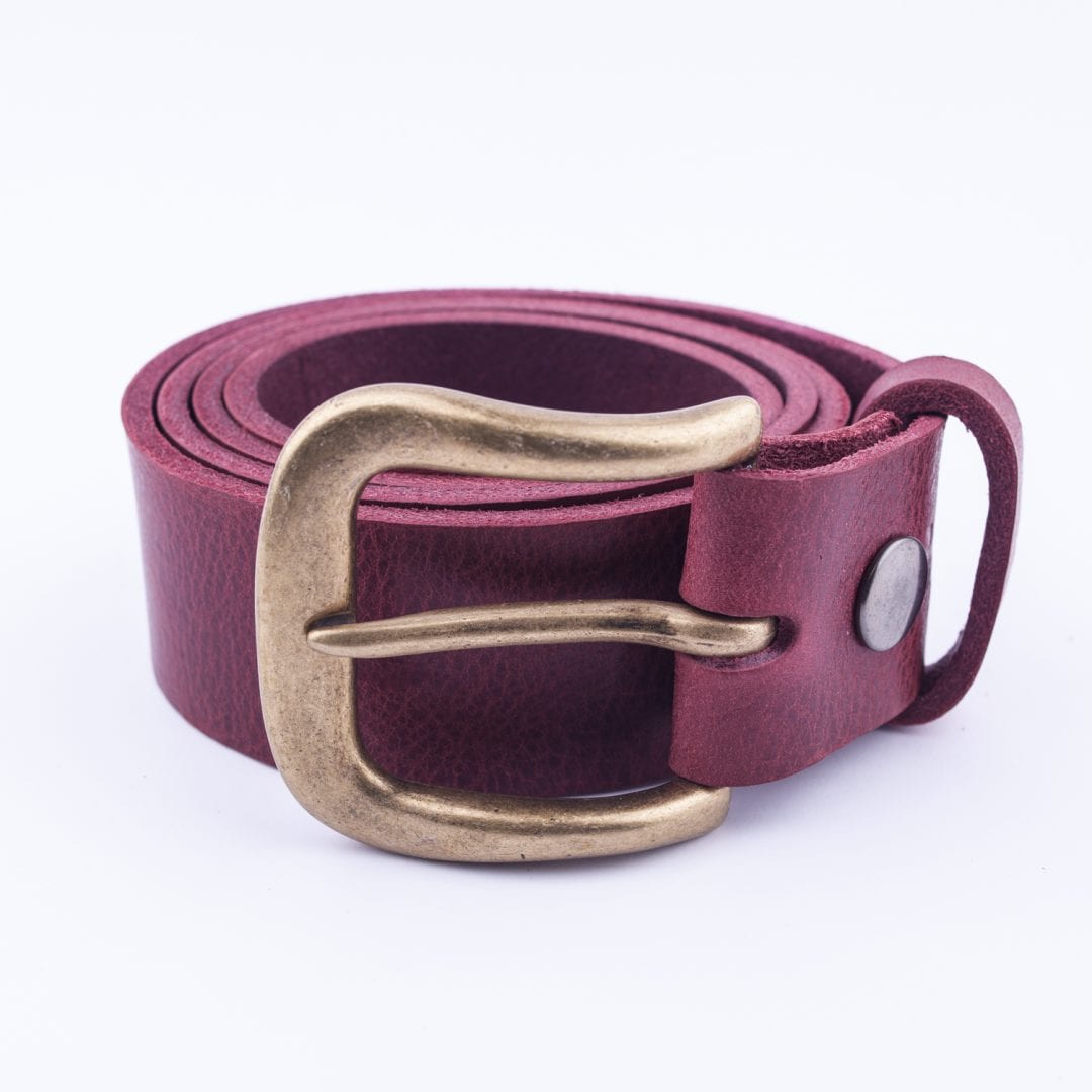 Mens burgundy leather jeans belt with brushed brass buckle Hip
