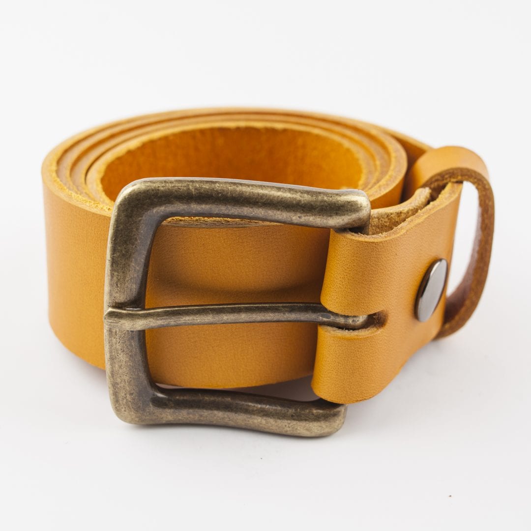 Mens yellow leather jeans belt with brushed brass buckle Hip & Waisted Belts & Buckles